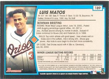 2001 Bowman #189 Luis Matos Back