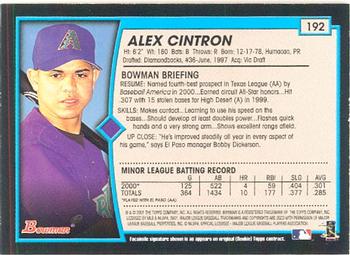 2001 Bowman #192 Alex Cintron Back