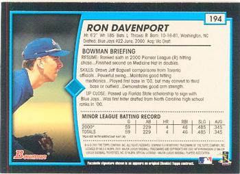 2001 Bowman #194 Ron Davenport Back