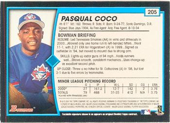 2001 Bowman #205 Pasqual Coco Back