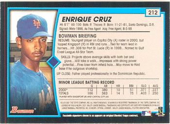 2001 Bowman #212 Enrique Cruz Back