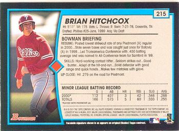 2001 Bowman #215 Brian Hitchcox Back