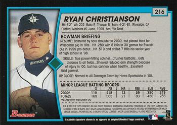 2001 Bowman #216 Ryan Christianson Back