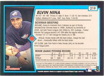 2001 Bowman #219 Elvin Nina Back