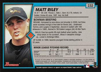 2001 Bowman #232 Matt Riley Back