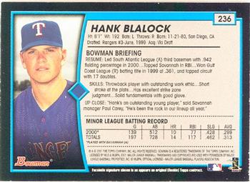 2001 Bowman #236 Hank Blalock Back
