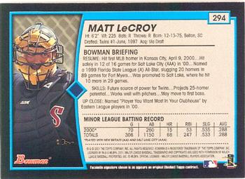 2001 Bowman #294 Matt LeCroy Back