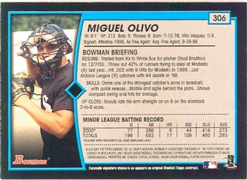 2001 Bowman #306 Miguel Olivo Back