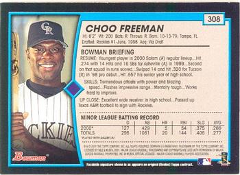 2001 Bowman #308 Choo Freeman Back