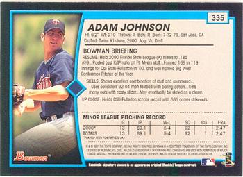 2001 Bowman #335 Adam Johnson Back