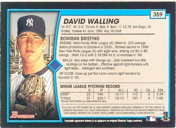 2001 Bowman #359 David Walling Back