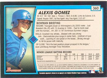 2001 Bowman #360 Alexis Gomez Back