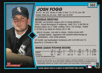 2001 Bowman #362 Josh Fogg Back