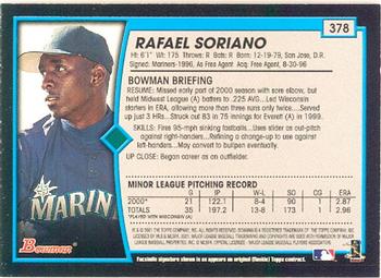 2001 Bowman #378 Rafael Soriano Back