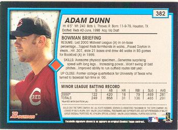 2001 Bowman #382 Adam Dunn Back