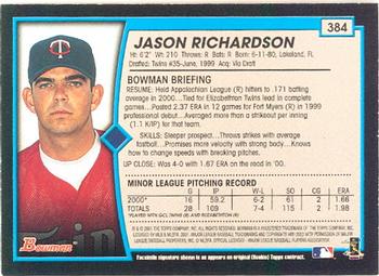 2001 Bowman #384 Jason Richardson Back