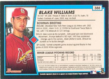 2001 Bowman #388 Blake Williams Back