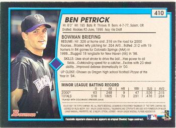 2001 Bowman #410 Ben Petrick Back