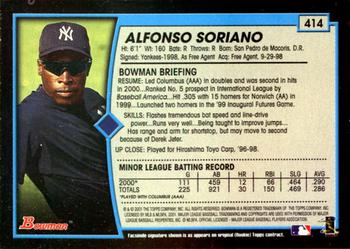 2001 Bowman #414 Alfonso Soriano Back