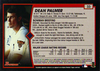 2001 Bowman #33 Dean Palmer Back