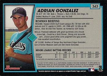 2001 Bowman #343 Adrian Gonzalez Back