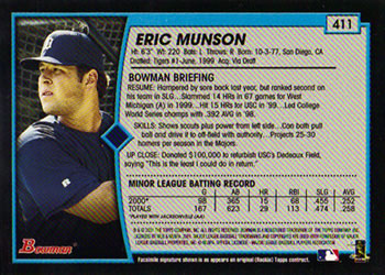 2001 Bowman #411 Eric Munson Back