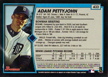 2001 Bowman #433 Adam Pettyjohn Back
