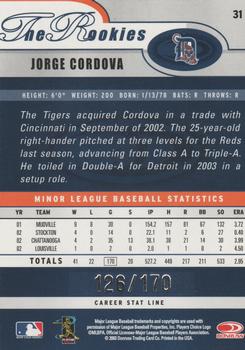 2003 Donruss/Leaf/Playoff (DLP) Rookies & Traded - 2003 Donruss Rookies & Traded Stat Line Career #31 Jorge Cordova Back