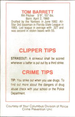 1985 Columbus Clippers Police #NNO Tom Barrett Back