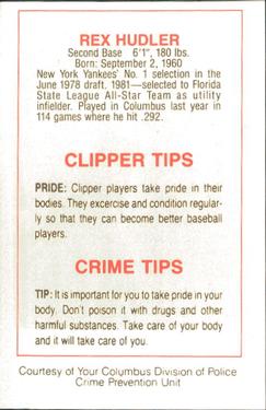 1985 Columbus Clippers Police #NNO Rex Hudler Back