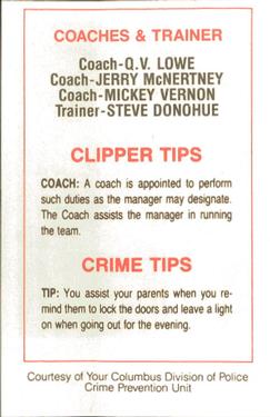 1985 Columbus Clippers Police #NNO Q.V. Lowe / Jerry McNertney / Mickey Vernon / Steve Donohue Back