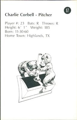 1985 Fresno Giants Smokey #17 Charlie Corbell Back