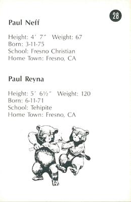 1985 Fresno Giants Smokey #28 Paul Neff / Paul Reyna Back