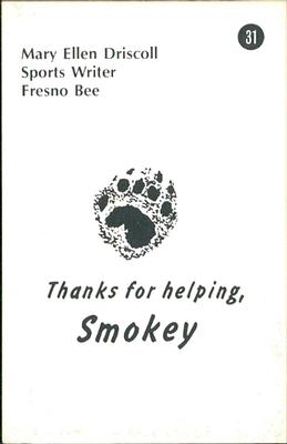 1985 Fresno Giants Smokey #31 Mary Ellen Driscoll Back
