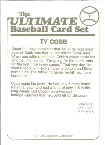 1985 Decathlon Ultimate Baseball Card Set #1 Ty Cobb Back