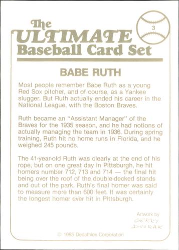1985 Decathlon Ultimate Baseball Card Set #3 Babe Ruth Back