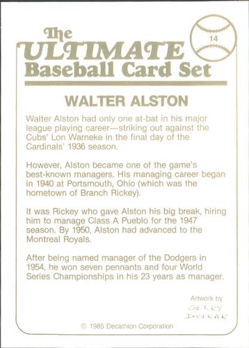 1985 Decathlon Ultimate Baseball Card Set #14 Walt Alston Back