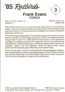 1985 Riley's Sports Gallery Louisville Redbirds #3 Frank Evans Back