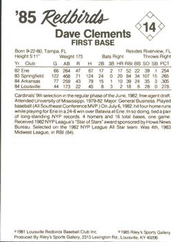 1985 Riley's Sports Gallery Louisville Redbirds #14 Dave Clements Back