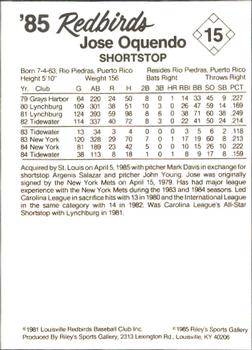 1985 Riley's Sports Gallery Louisville Redbirds #15 Jose Oquendo Back