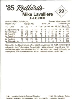 1985 Riley's Sports Gallery Louisville Redbirds #22 Mike LaValliere Back