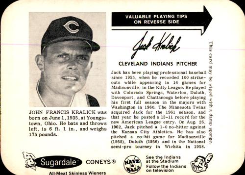 1963 Sugardale Wieners Cleveland Indians #28 Jack Kralick Front