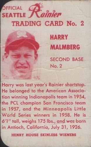 1960 Henry House Wieners Seattle Rainiers #2 Harry Malmberg Front