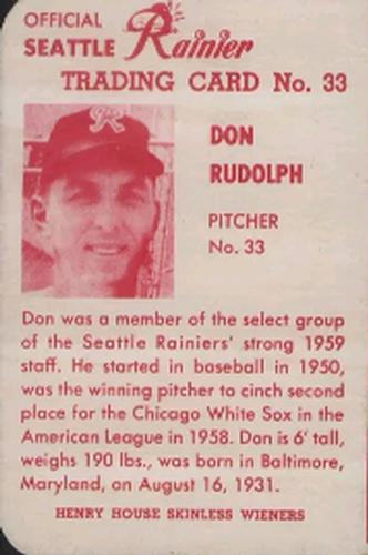 1960 Henry House Wieners Seattle Rainiers #33 Don Rudolph Front