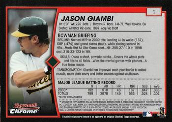 2001 Bowman Chrome #1 Jason Giambi Back