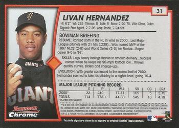 2001 Bowman Chrome #31 Livan Hernandez Back