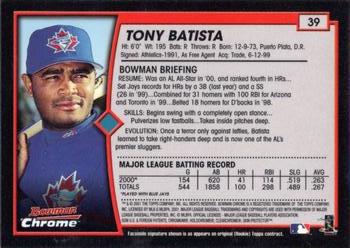 2001 Bowman Chrome #39 Tony Batista Back