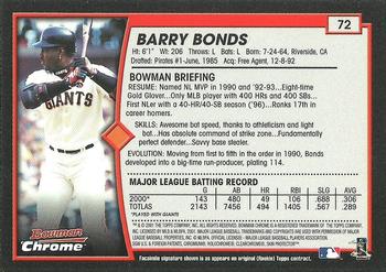2001 Bowman Chrome #72 Barry Bonds Back