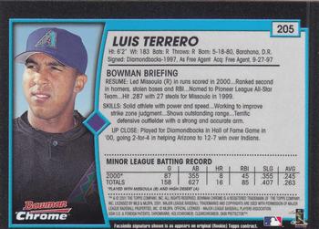 2001 Bowman Chrome #205 Luis Terrero Back