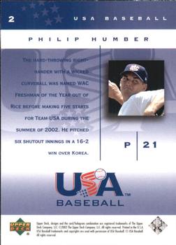 2002 Upper Deck USA Baseball National Team #2 Philip Humber Back